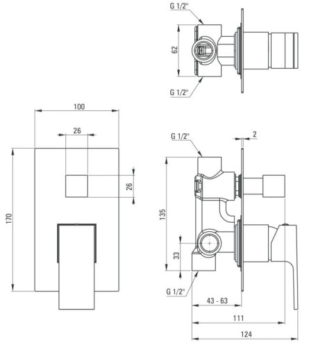 Bateria natryskowa podtynkowa z przełącznikiem natrysku Anemon Bis Deante