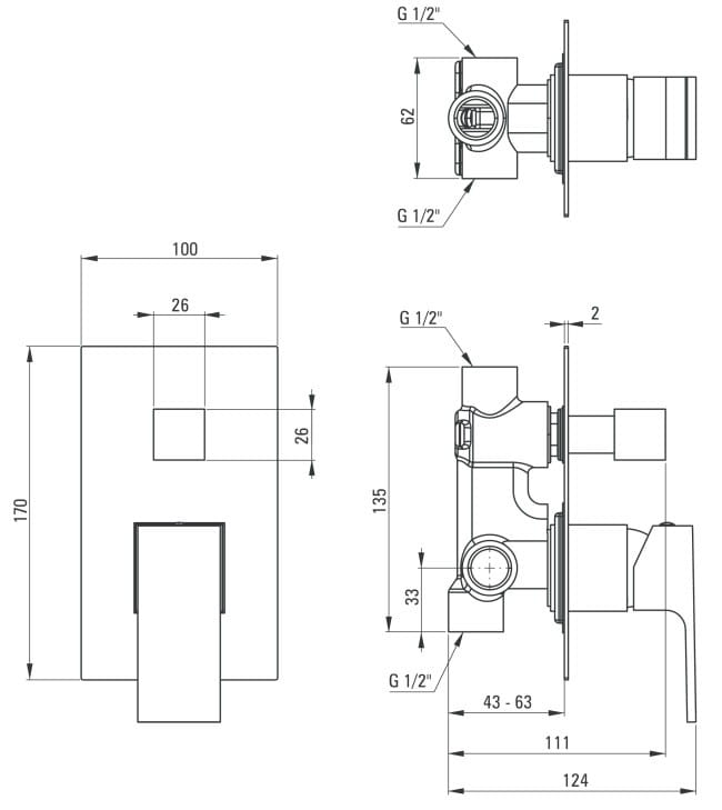 Bateria natryskowa podtynkowa z przełącznikiem natrysku Anemon Bis Deante