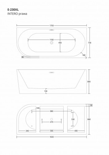 Wanna narożna corsan intero prawa 170 cm z wykończeniem różowe złoto