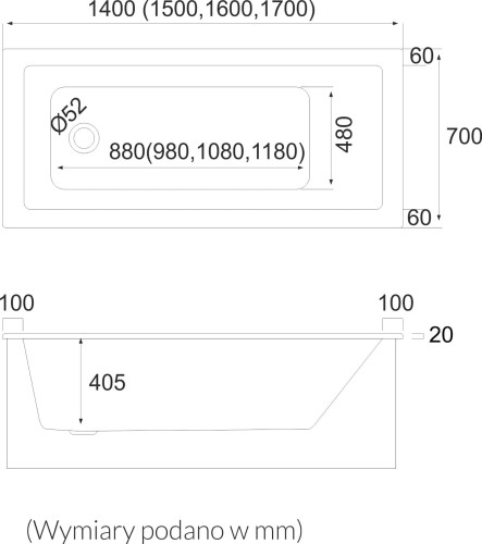 Wanna prostokątna z nośnikiem MILOS SET 170x70cm. Schedpol