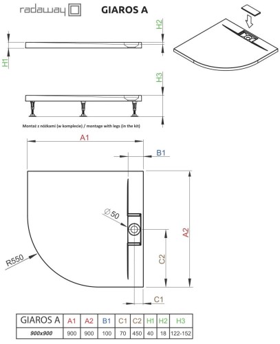 Brodzik półokrągły Radaway Giaros A 90x90x4x1,8