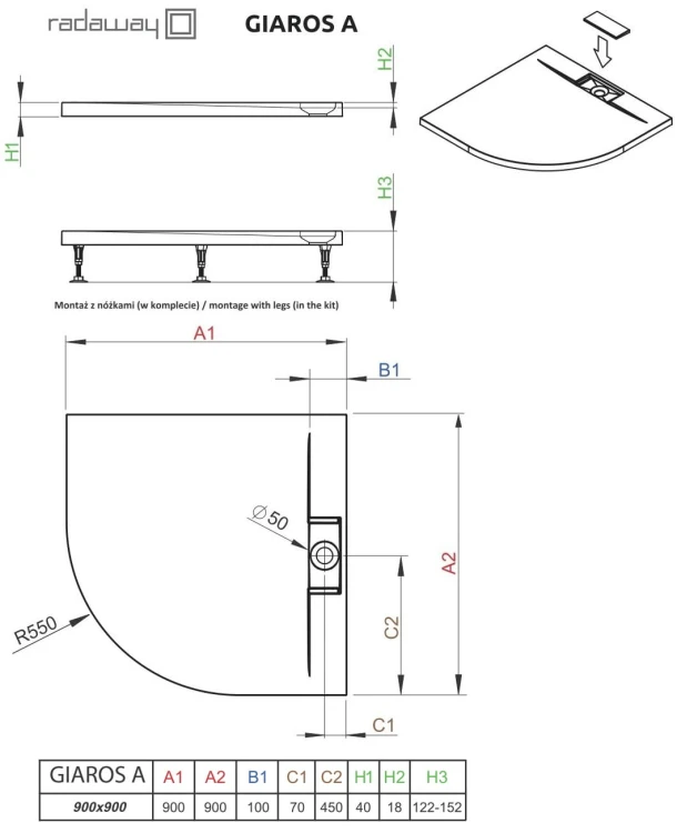Brodzik półokrągły Radaway Giaros A 90x90x4x1,8