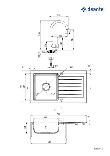 Zlewozmywak granitowy z baterią 1-komorowy z ociekaczem Zorba Deante