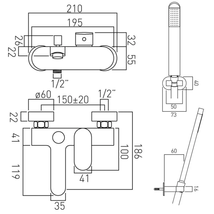 Bateria wannowo prysznicowa naścienna z zestawem prysznicowym Vado Life
