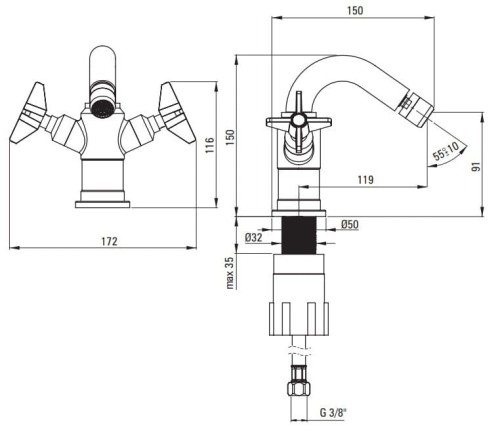 Bateria bidetowa stojąca mosiądz Temisto Deante