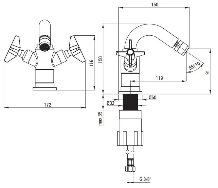 Bateria bidetowa stojąca mosiądz Temisto Deante