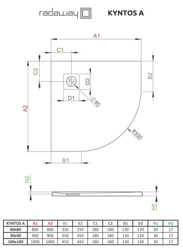 Brodzik półokrągły Kyntos A 90x90 Radaway cementowy