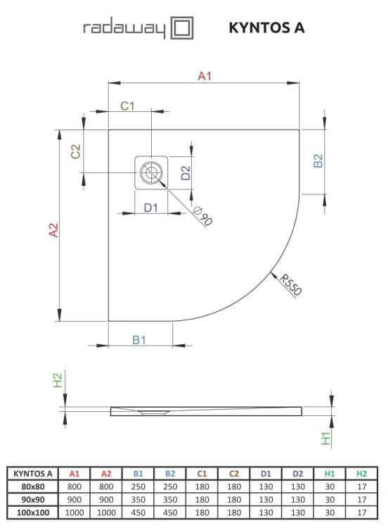 Brodzik półokrągły Kyntos A 90x90 Radaway cementowy