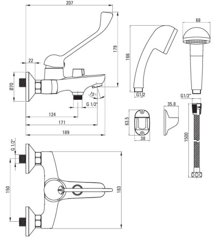 Bateria wannowa z zestawem prysznicowym z dźwignią Clinic Boro Deante