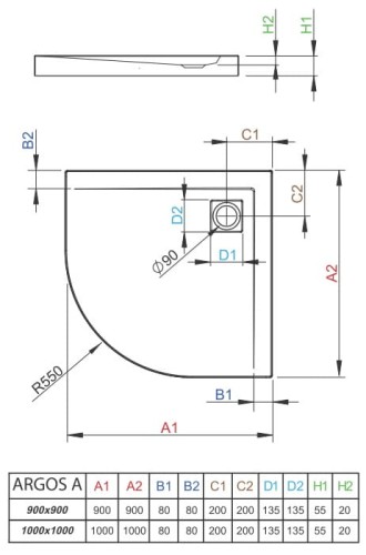Brodzik półokrągły Radaway Argos A 90x90x5,5x2