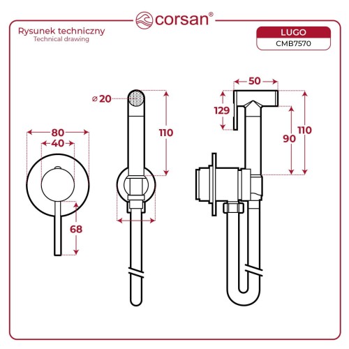 Bateria bidetowa podtynkowa z wężem corsan cmb7570ch lugo chrom