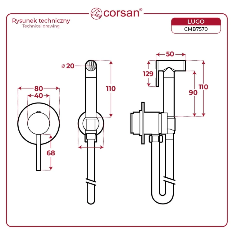 Bateria bidetowa podtynkowa z wężem corsan cmb7570ch lugo chrom