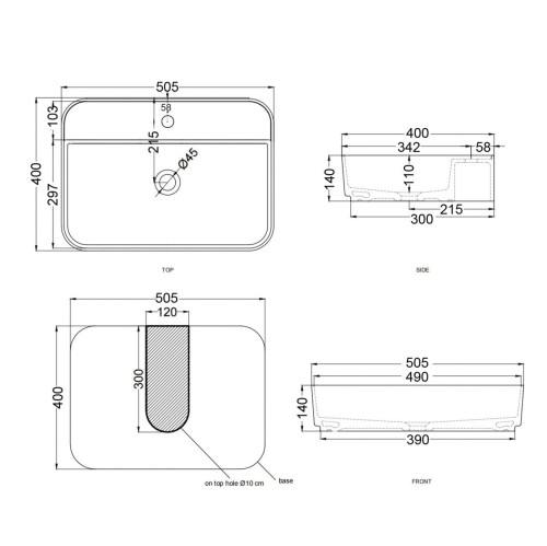 Umywalka nablatowa ango prostokątna 500x400x140 mm z korkiem czarnym