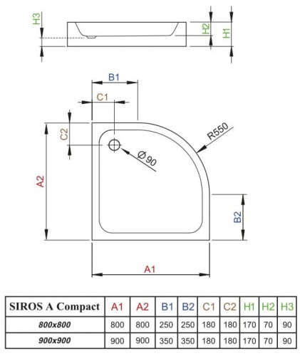 Brodzik półokrągły Radaway Siros A Compact 90x90x17x7