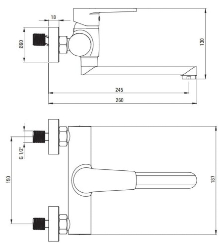 Bateria umywalkowa ścienna Tubo Deante chrom BUT050M
