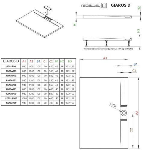 Brodzik prostokątny Radaway Giaros D 100x80x4x1,8