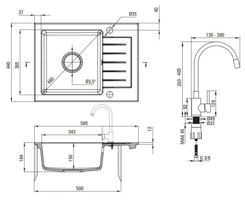 Zlewozmywak granitowy z baterią 1-komorowy z ociekaczem Zorba Deante
