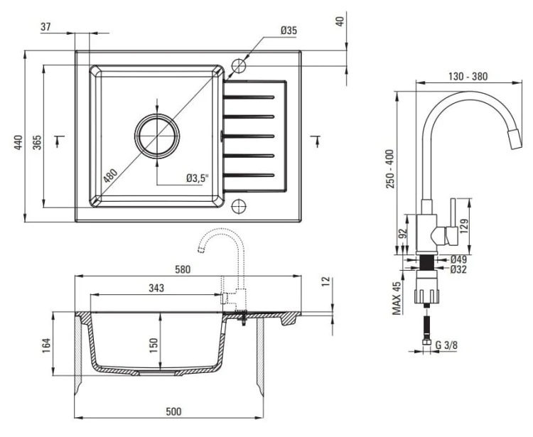 Zlewozmywak granitowy z baterią 1-komorowy z ociekaczem Zorba Deante