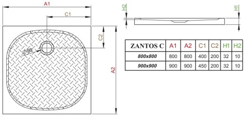 Brodzik płytki kwadratowy Radaway Zantos C 90x90x3,2x1,0