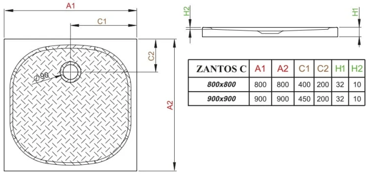 Brodzik płytki kwadratowy Radaway Zantos C 90x90x3,2x1,0