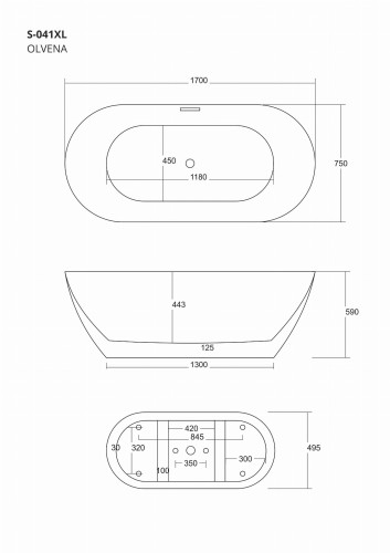 Wanna wolnostojąca corsan e041 olvena 170 cm z wykończeniem złotym