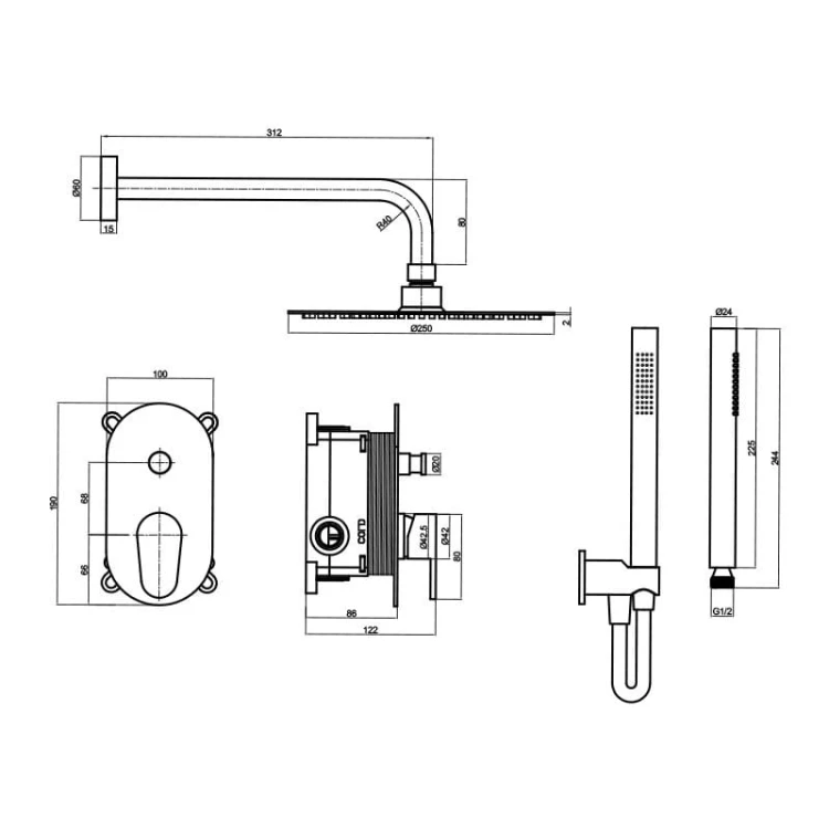 Podtynkowy zestaw prysznicowy z deszczownicą Cetus Chrome Lavita