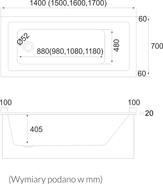 Wanna prostokątna z nośnikiem MILOS SET 140x70cm. Schedpol