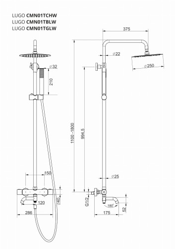 Zestaw natryskowy z termostatem kolumna corsan lugo deszczownica 25cm wylewka obrotowa złoto szczotkowane