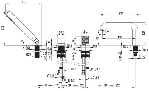 Bateria wannowa 4-otworowa złoto szczotkowane Silia Hexa Deante