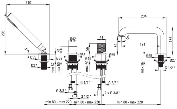 Bateria wannowa 4-otworowa złoto szczotkowane Silia Hexa Deante