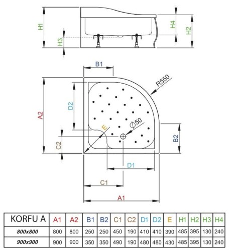 Brodzik głęboki półokrągły Radaway Korfu A 80x80x39,5x24
