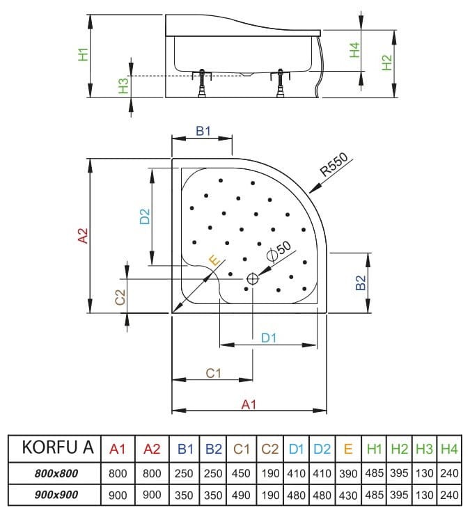 Brodzik głęboki półokrągły Radaway Korfu A 80x80x39,5x24