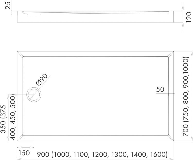 Brodzik prostokątny Cameron 90x120 Schedpol Schedline, biały - odpływ krótszy bok