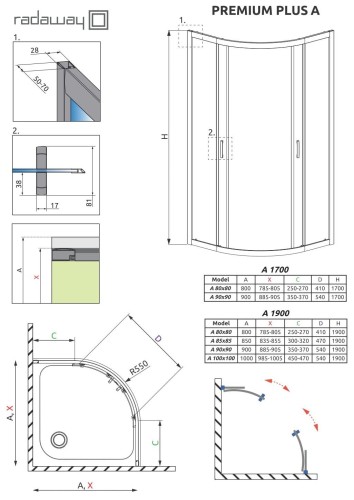 Kabina półokrągła Radaway Premium Plus A 90x90x170 szkło przejrzyste