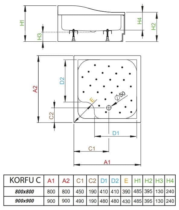 Brodzik kwadratowy Radaway Korfu C 90x90x39,5x24