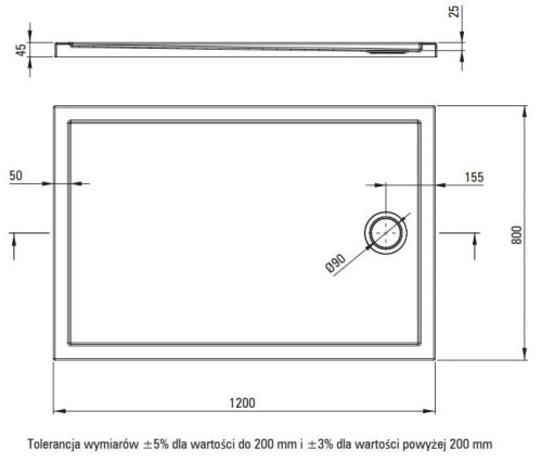 Brodzik akrylowy prostokątny biały 120x80 Prizma Deante