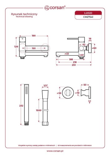 Bateria wannowa ścienna corsan lugo cmb7541ch z zestawem natryskowym