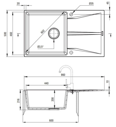 Zlewozmywak granitowy 1-komorowy z ociekaczem Corio Deante