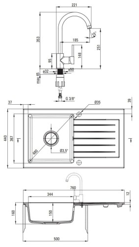 Zlewozmywak granitowy z baterią 1-komorowy z ociekaczem Zorba Deante