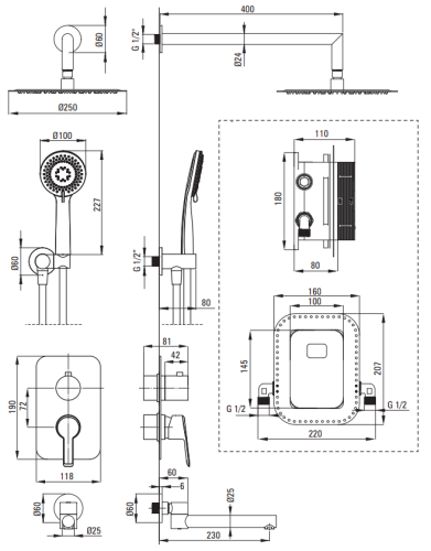 Zestaw prysznicowy podtynkowy z wylewką wannową nero Arnika Deante