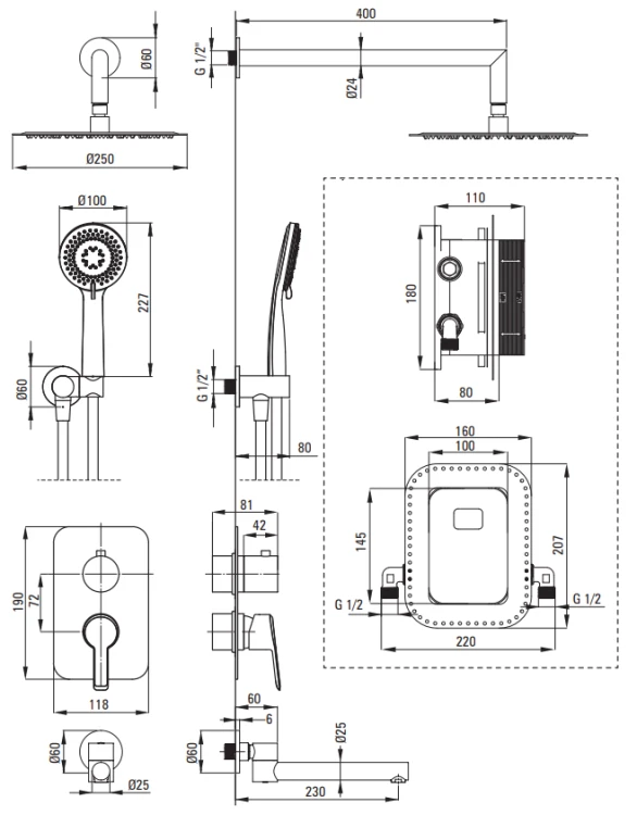 Zestaw prysznicowy podtynkowy z wylewką wannową nero Arnika Deante