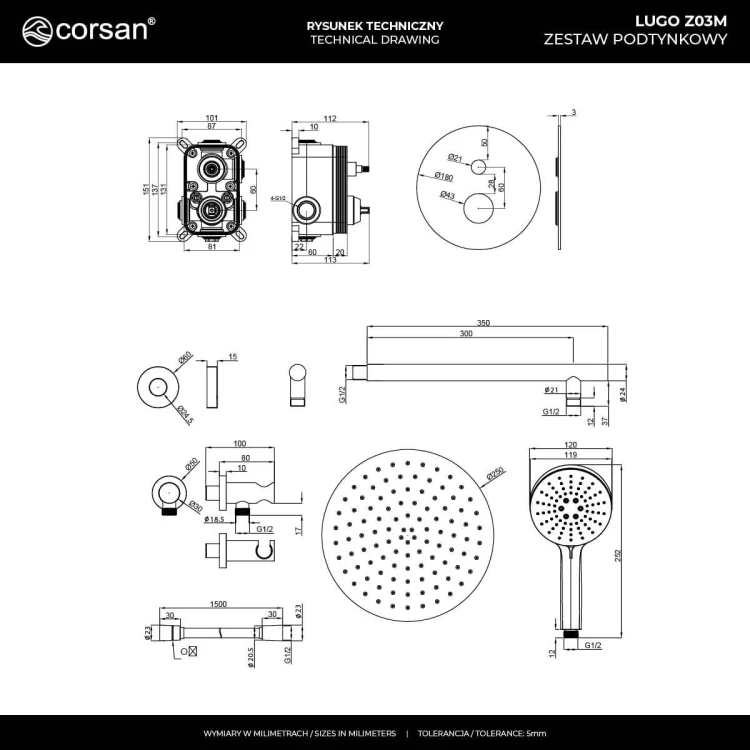 Zestaw prysznicowy podtynkowy lugo z03mgm deszczownica 25cm mieszacz słuchawka prysznicowa gunmetal
