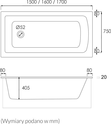 Wanna prostokątna z nośnikiem FAIR SET 160x75cm. Schedpol