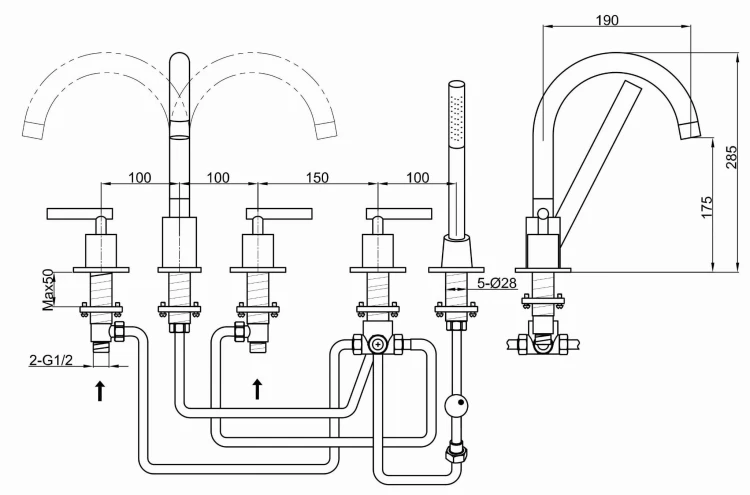 Bateria wannowa 5-otworowa KOHLMAN Roxin QB242R