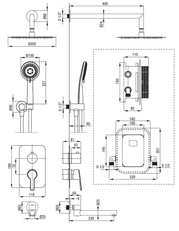 Zestaw prysznicowy podtynkowy z wylewką wannową Arnika Deante
