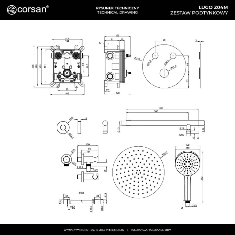 Zestaw prysznicowy lugo z04mgm deszczownica 25cm mieszacz słuchawka prysznicowa gunmetal