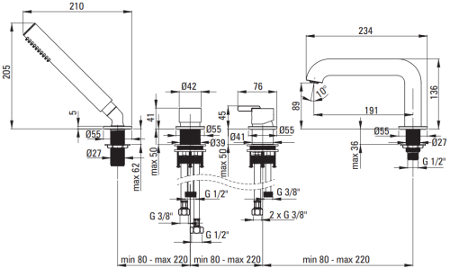 Bateria wannowa 4-otworowa brąz szczotkowany Silia Deante