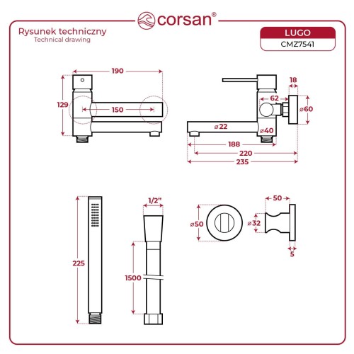 Bateria wannowa ścienna lugo cmz7541gl z zestawem natryskowym złoto