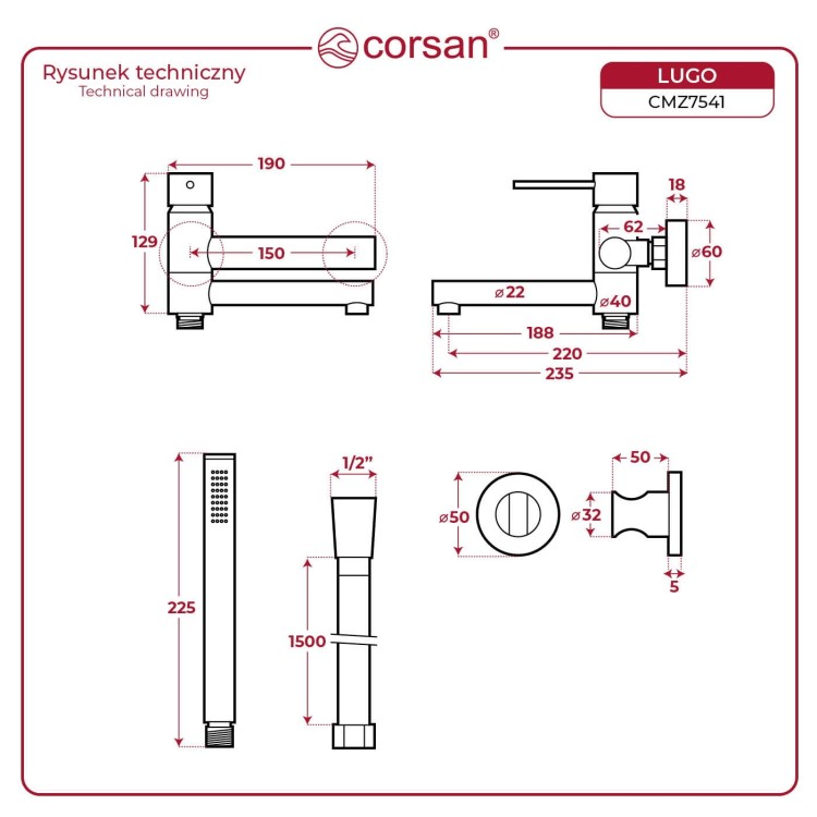 Bateria wannowa ścienna lugo cmz7541gl z zestawem natryskowym złoto