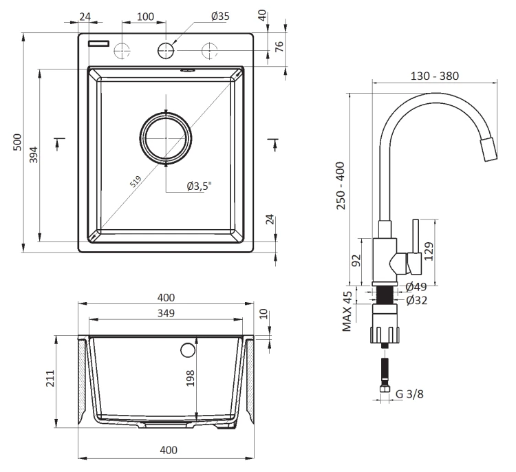 Zlewozmywak granitowy z baterią 1-komorowy szary metalik Corio Deante
